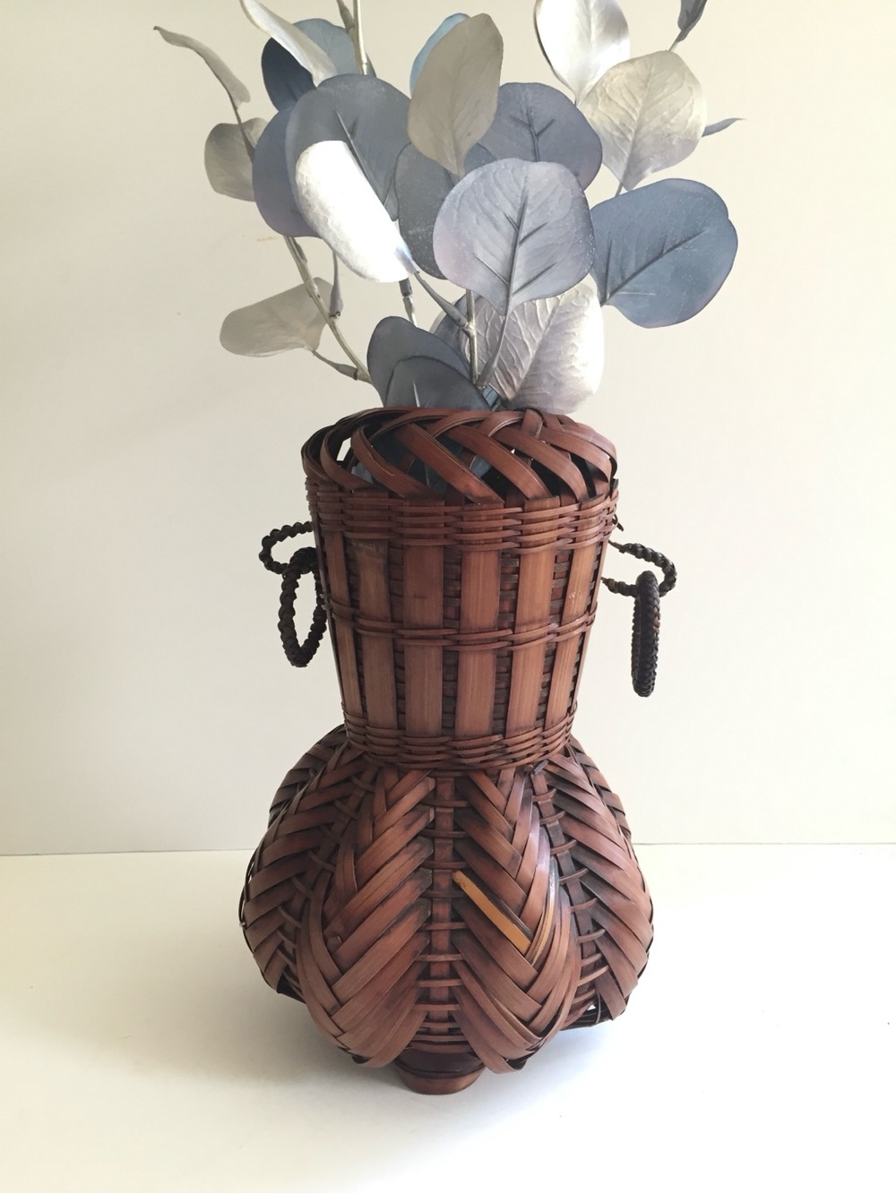 VINTAGE Handwoven Brown Wicker / Rattan Decorative Vase Boho Home Decor Retro